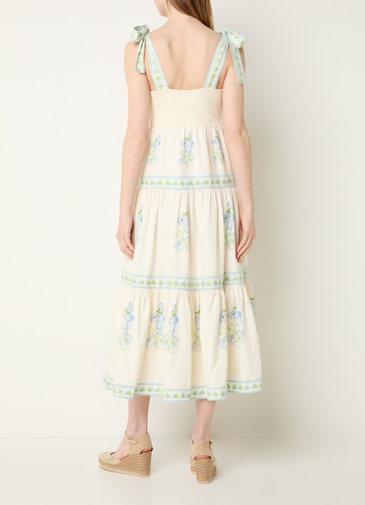 Malina Stefania midi jurk in linnenblend met bloemenprint - achterkant beige