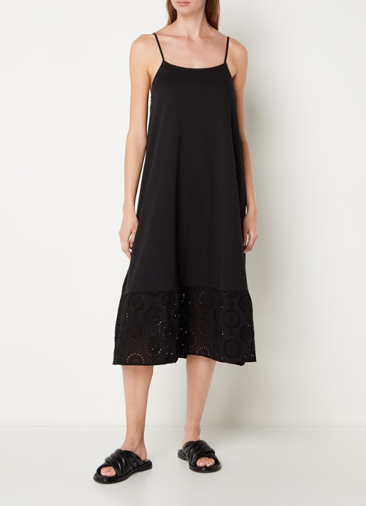 Mango Dina midi jurk met broderie  - voorkant 3 zwart
