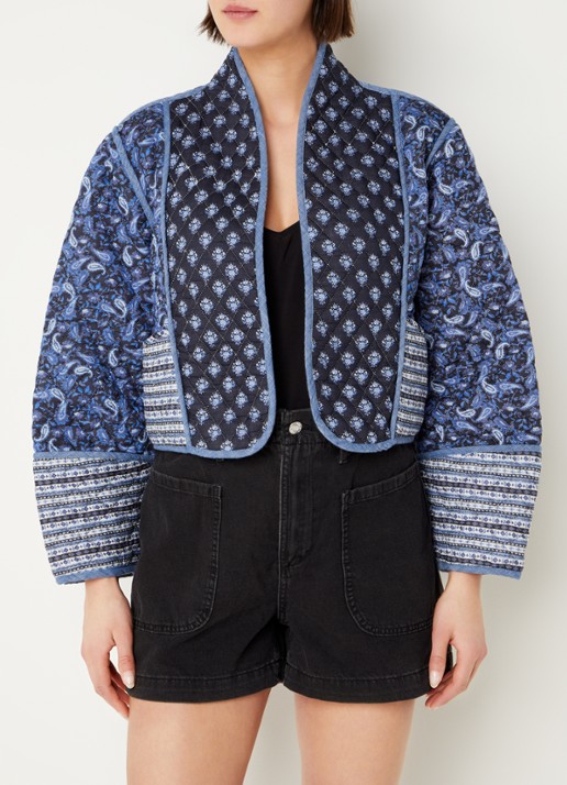Mango Flores oversized fit reversible openvallend vest met bloemenprint - detail middenblauw