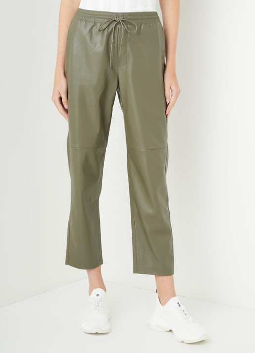 Mango High waist loose fit cropped pantalon van imitatieleer - detail 4 khaki