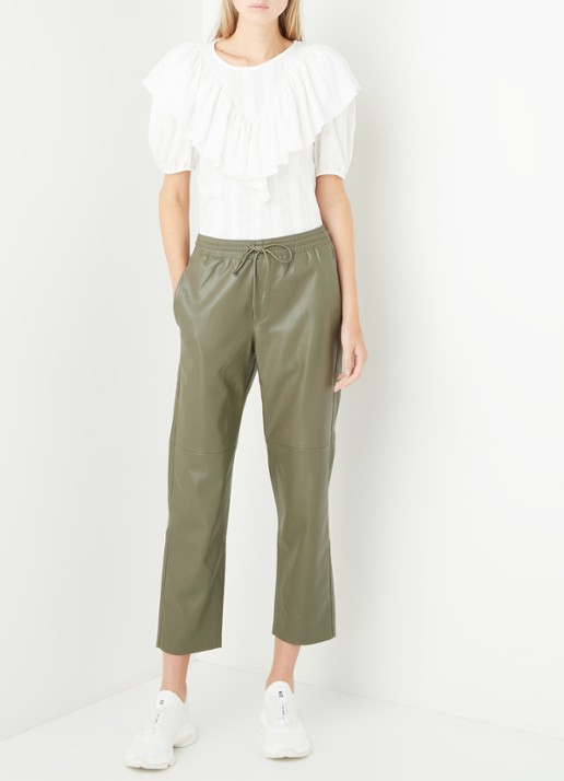 Mango High waist loose fit cropped pantalon van imitatieleer - voorkant 3 khaki