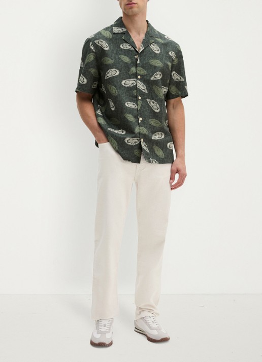 Marc O'Polo Blouse van katoen en linnen met print - voorkant 4 dark green_multi_05-3062 / groen