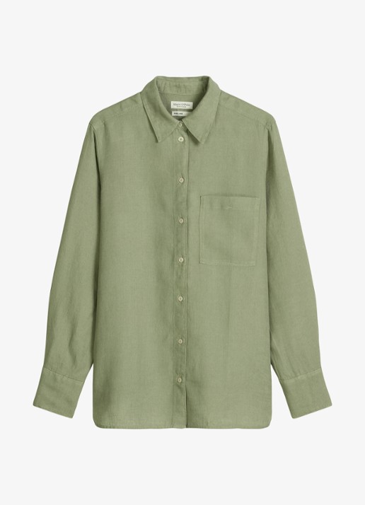 Marc O'Polo Blouse van linnen met borstzak - voorkant 2 lindegroen
