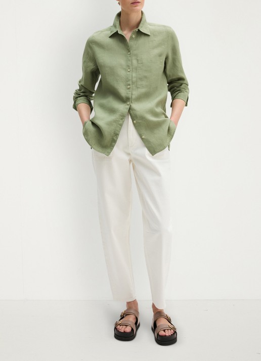 Marc O'Polo Blouse van linnen met borstzak - voorkant 3 lindegroen