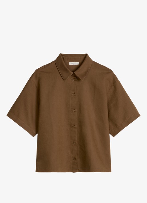Marc O'Polo Denim Blouse in linnenblend - voorkant 2 umbra brown-1624 / bruin