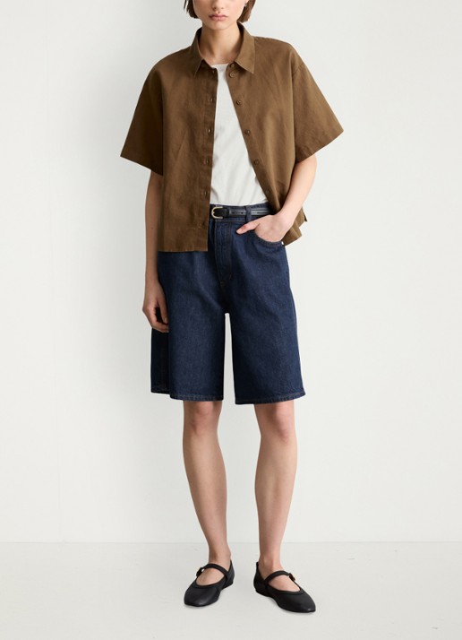 Marc O'Polo Denim Blouse in linnenblend - voorkant 3 umbra brown-1624 / bruin