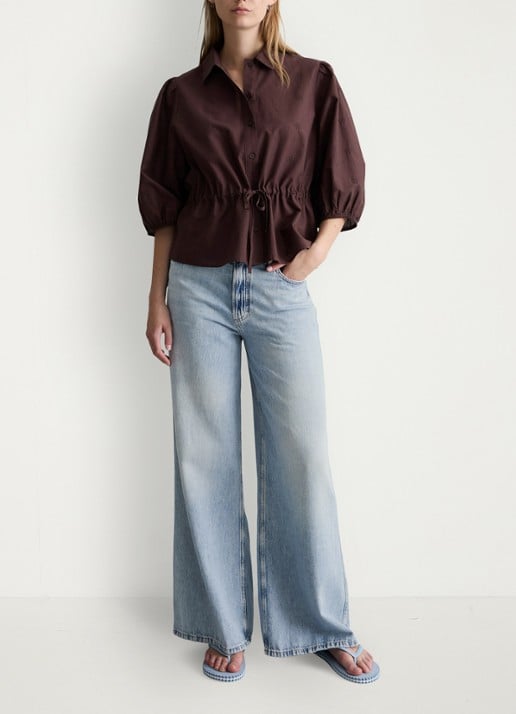 Marc O'Polo Denim Blouse met strikceintuur - voorkant 5 burnt aubergine-6929 / paars