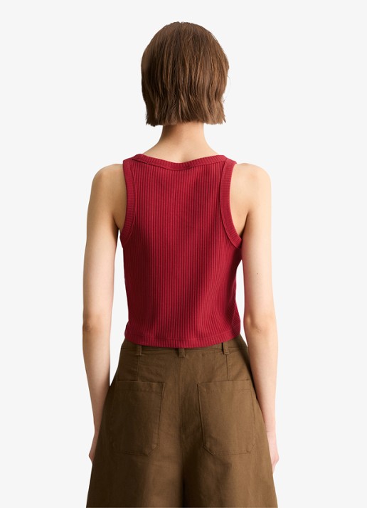 Marc O'Polo Denim Cropped tanktop met ribstructuur - achterkant vivid cherry-6882 / rood