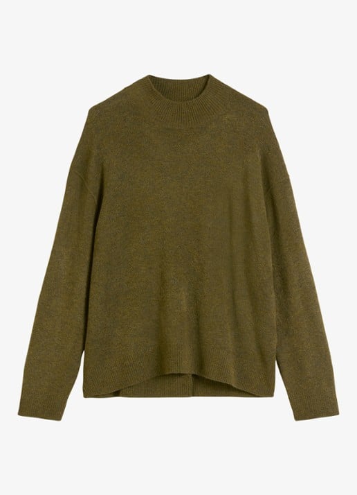 Marc O'Polo Denim Fijngebreide trui met opstaande kraag - voorkant 3 dark green melange / donkergroen