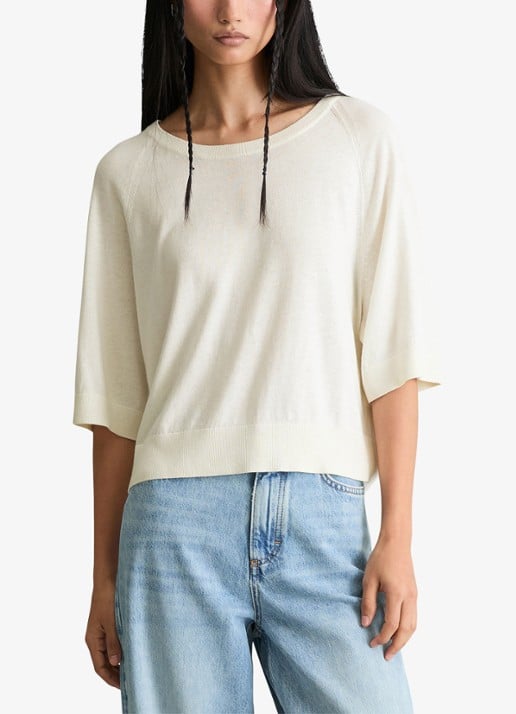 Marc O'Polo Denim Fijngebreide trui met vleermuis mouw - detail creamy white-1173 / wit