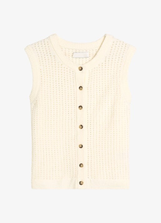 Marc O'Polo Denim Grofgebreid vest met opengewerkt dessin - voorkant 3 creamy white-1173 / wit