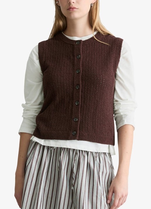 Marc O'Polo Denim Grofgebreid vest met opengewerkt dessin - detail burnt aubergine-6929 / paars