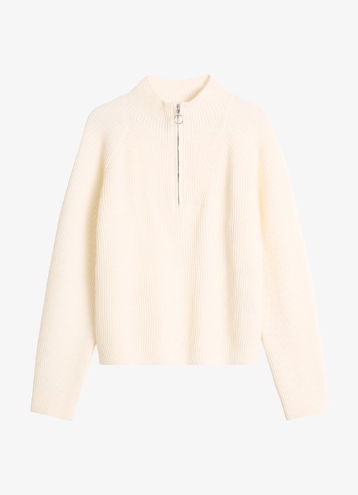 Marc O'Polo Denim Grofgebreide trui met halve rits - voorkant 4 gebroken wit