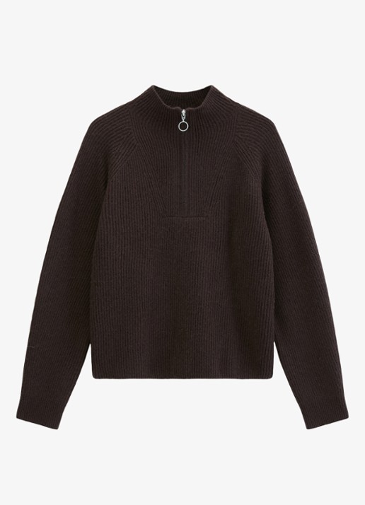 Marc O'Polo Denim Grofgebreide trui met halve rits - voorkant 2 donkerbruin