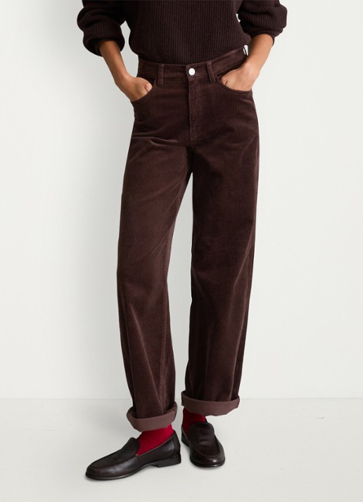 Marc O'Polo Denim High waist straight fit broek van corduroy - detail 4 donkerbruin
