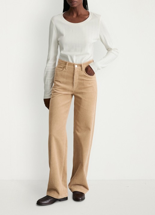 Marc O'Polo Denim High waist straight fit broek van corduroy - voorkant 3 beige