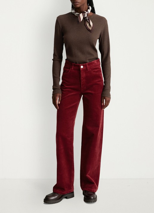Marc O'Polo Denim High waist straight fit broek van corduroy - voorkant 3 donkerrood
