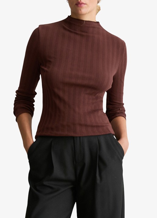 Marc O'Polo Denim Longsleeve met col  - detail 3 hazelnootbruin