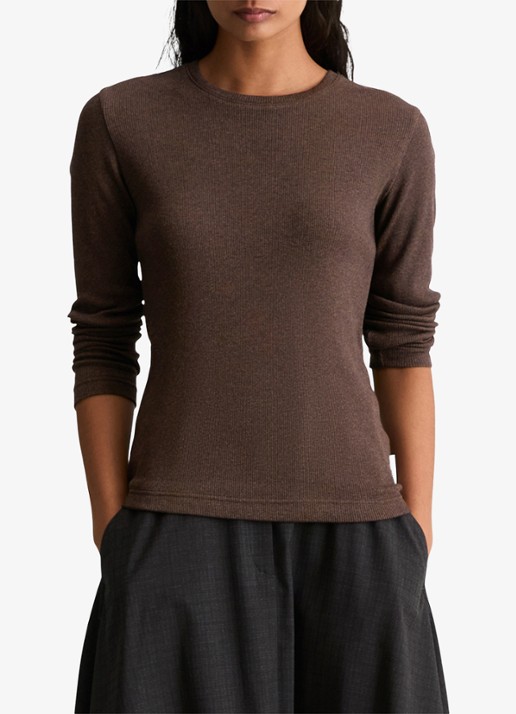Marc O'Polo Denim Longsleeve met met ronde hals  - detail hazelnootbruin