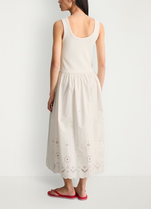 Marc O'Polo Denim Midi jurk met plooien en broderie - achterkant 5 silky white-1183 / wit