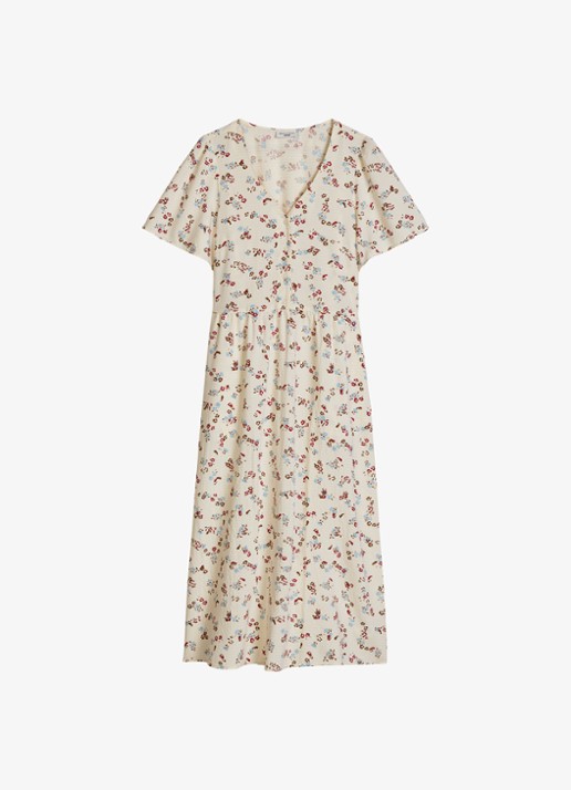 Marc O'Polo Denim Midi jurk van katoenblend met grafische print en V-hals - voorkant 4 offwhite multi 01-1257 / wit