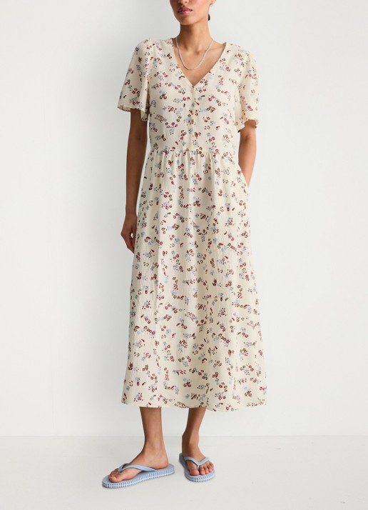 Marc O'Polo Denim Midi jurk van katoenblend met grafische print en V-hals - voorkant 5 offwhite multi 01-1257 / wit