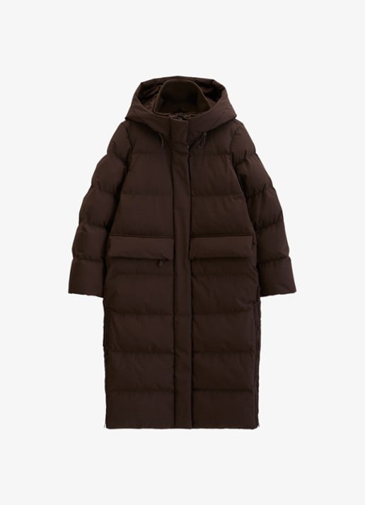 Marc O'Polo Denim Puffer jas met capuchon - voorkant donkerbruin