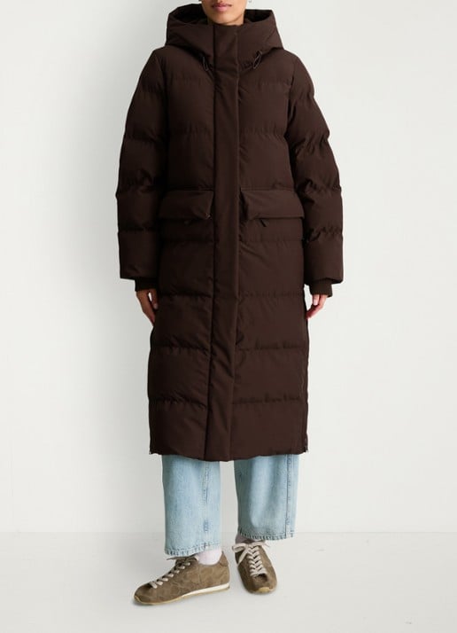 Marc O'Polo Denim Puffer jas met capuchon - voorkant 2 donkerbruin