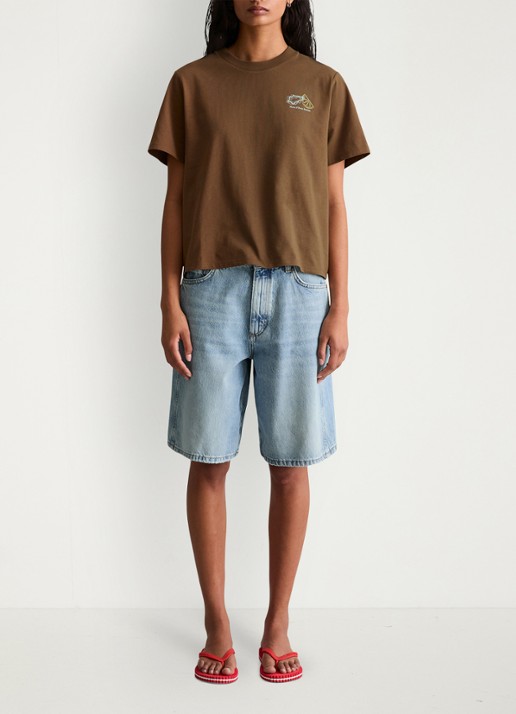 Marc O'Polo Denim T-shirt met logo - voorkant 2 umbra brown-1624 / bruin