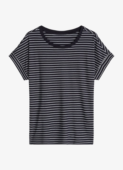 Marc O'Polo Denim T-shirt met streepprint en ronde hals - voorkant 3 dark blue/4443