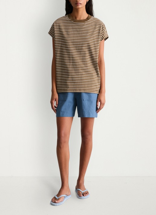 Marc O'Polo Denim T-shirt met streepprint - voorkant 2 medium brownmulti06-1842 / bruin