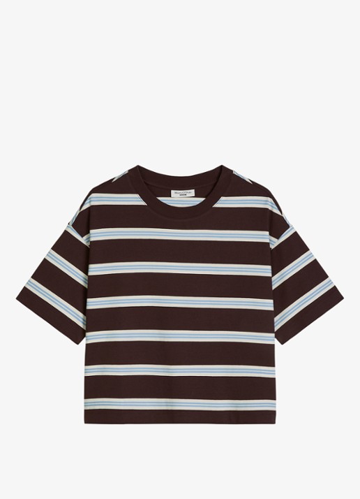 Marc O'Polo Denim T-shirt met streepprint - voorkant 4 dark brown_multi_02-1544 / bruin