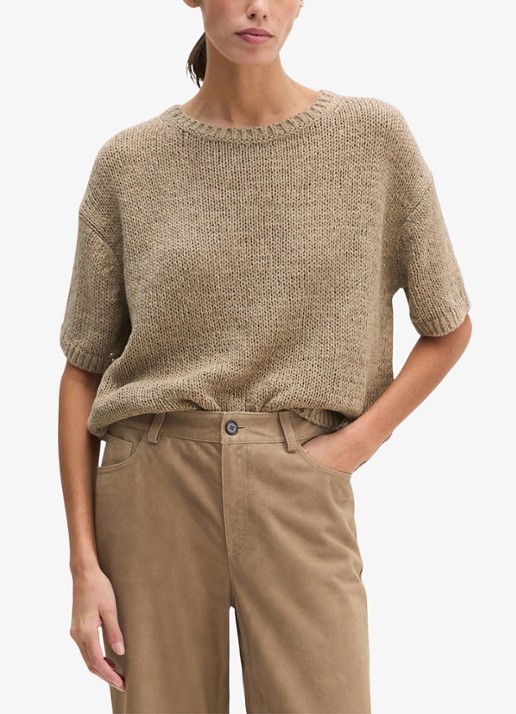 Marc O'Polo Fijngebreide pullover in  katoenblend met boothals - detail 4 taupe