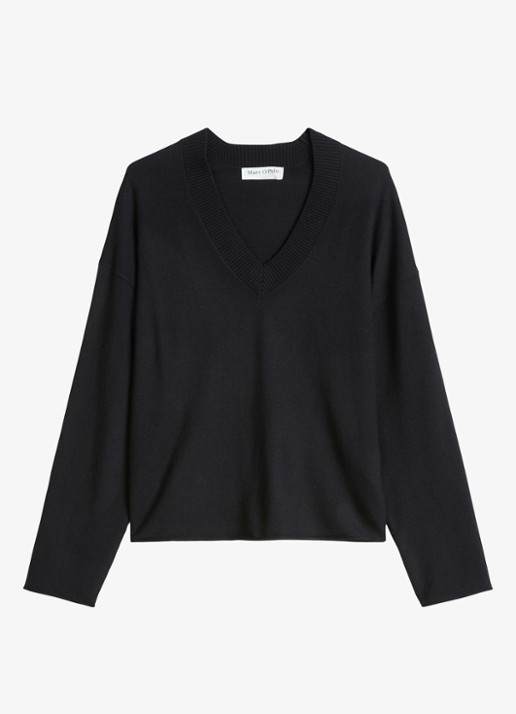 Marc O'Polo Fijngebreide pullover in scheelwolblend met V-hals - voorkant 4 black / zwart