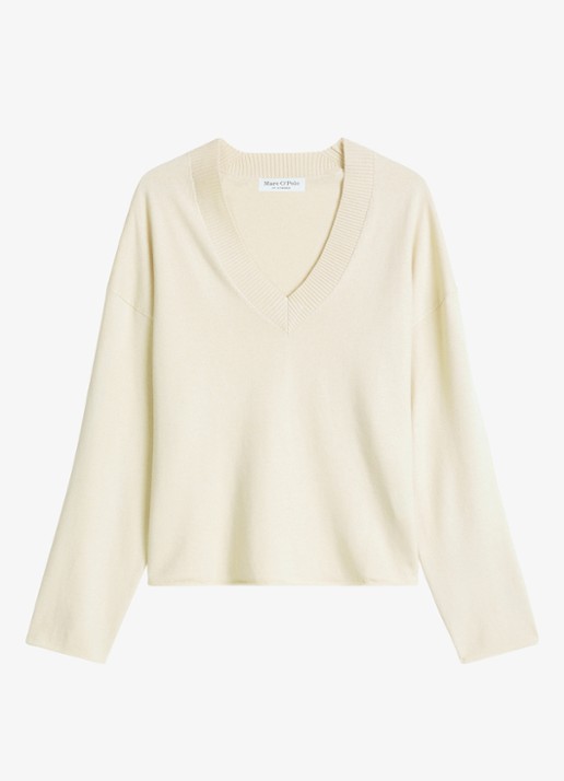 Marc O'Polo Fijngebreide pullover in scheelwolblend met V-hals - voorkant smokey sands / crème