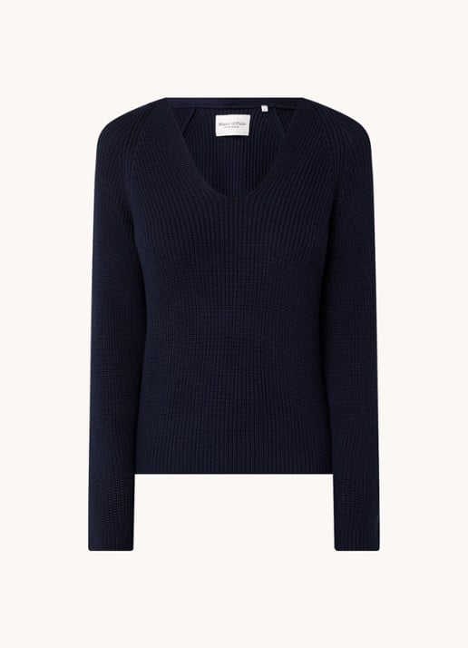 Marc O'Polo Fijngebreide pullover met V-hals - voorkant 3 donkerblauw