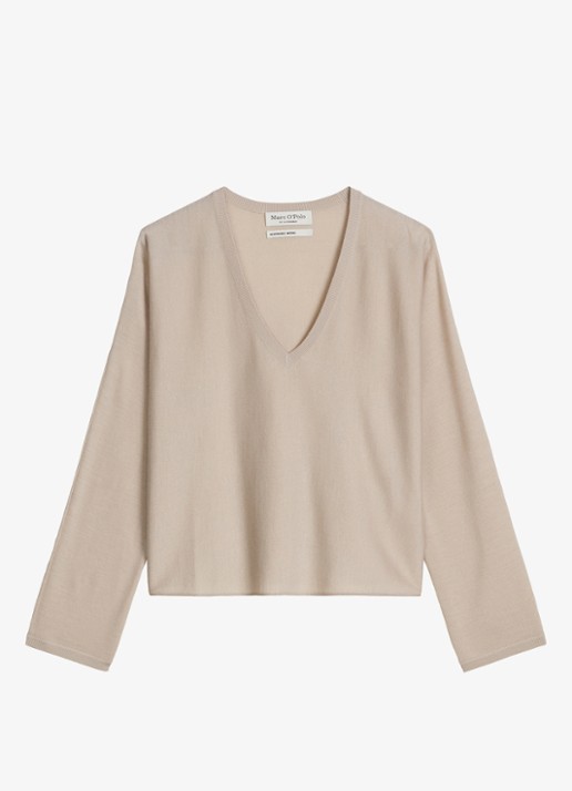 Marc O'Polo Fijngebreide trui in wolblend met V-hals - voorkant beige