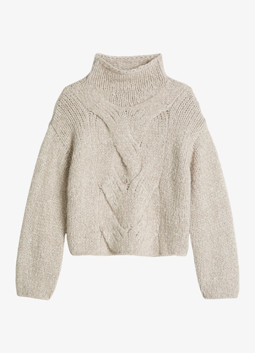 Marc O'Polo Grofgebreide trui in alpaca wolblend met opstaande kraag - voorkant light brown multi / lichtbruin