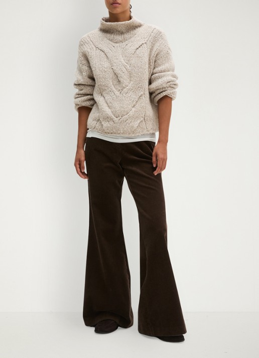 Marc O'Polo Grofgebreide trui in alpaca wolblend met opstaande kraag - voorkant 2 light brown multi / lichtbruin