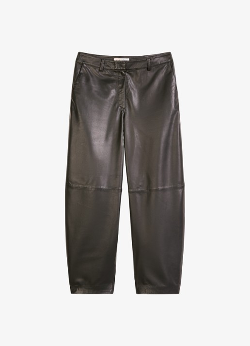 Marc O'Polo High waist balloon fit broek van leer - voorkant 3 donkerbruin