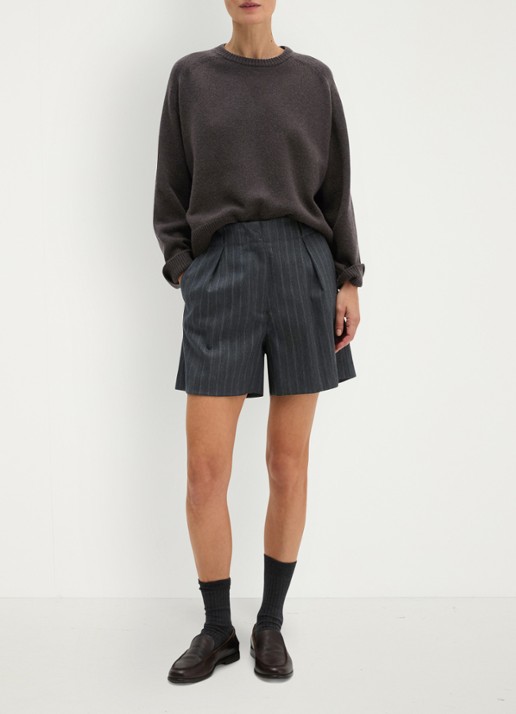 Marc O'Polo High waist straight fit korte broek met streepprint - voorkant 3 donkergrijs