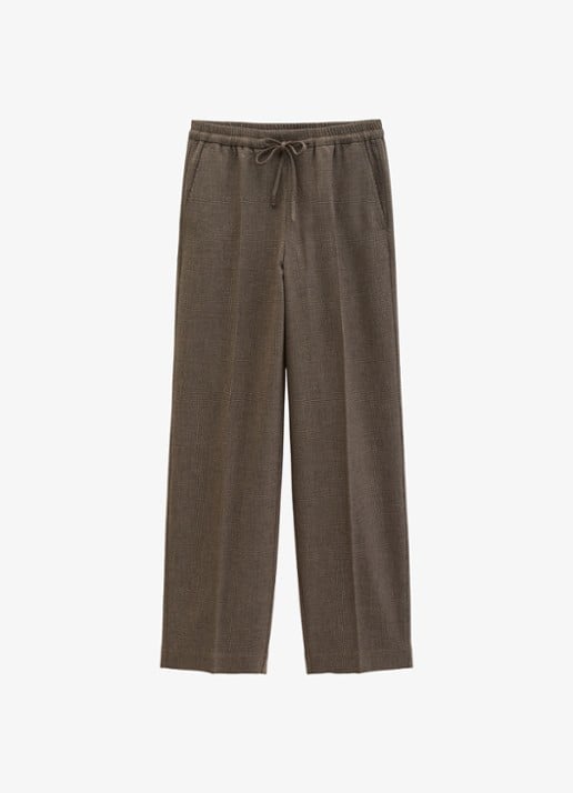 Marc O'Polo High waist straight fit pantalon met ruitdessin en steekzakken - voorkant 3 dark brown multi / bruin