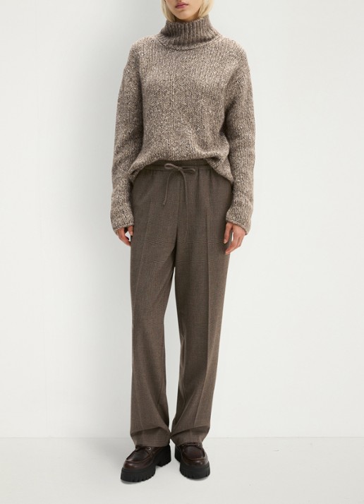 Marc O'Polo High waist straight fit pantalon met ruitdessin en steekzakken - voorkant 4 dark brown multi / bruin