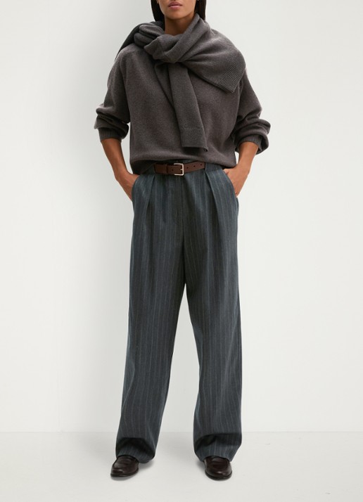 Marc O'Polo High waist straight fit pantalon met streepprint - voorkant 5 donkergrijs