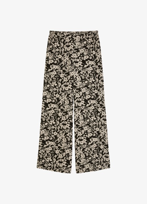 Marc O'Polo High waist wide fit broek met bloemenprint - voorkant black multi 03 / zwart