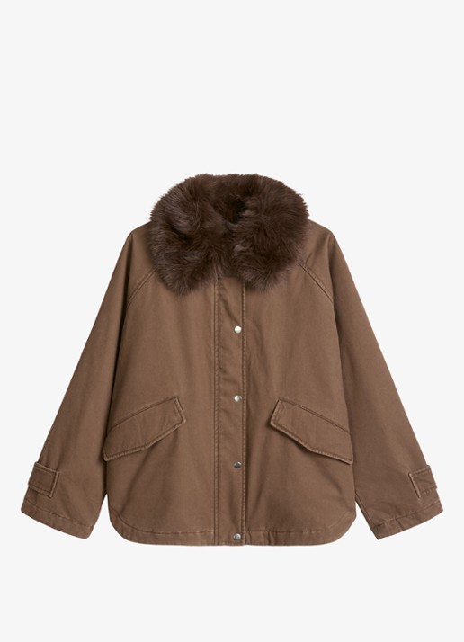 Marc O'Polo Jack met details van imitatiebont en klepzakken - voorkant 3 dark walnut / bruin