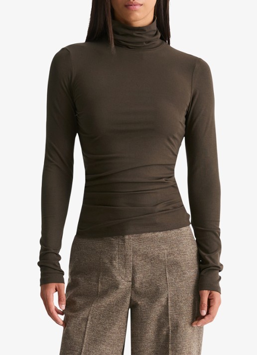 Marc O'Polo Longsleeve met col - detail 3 burnt coffee / bruin
