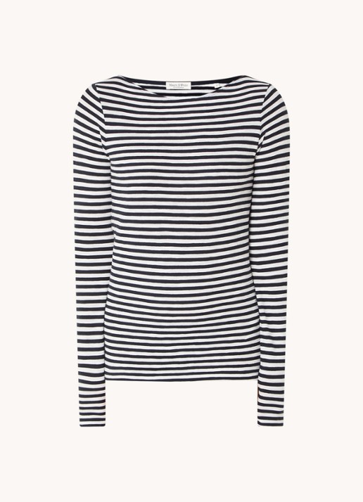 Marc O'Polo Longsleeve met streepprint en boothals - voorkant donkerblauw