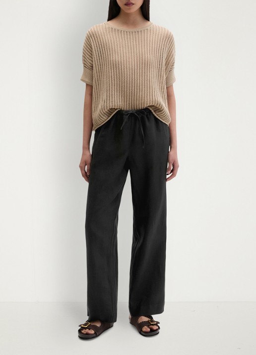 Marc O'Polo Loose fit palazzo broek van linnen met steekzakken - voorkant 4 black-0001 / zwart