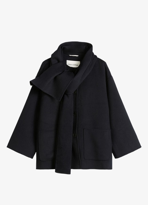 Marc O'Polo Mantel in wolblend met sjaalkraag - voorkant 3 donkerblauw
